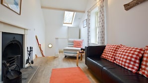 A cozy living room with a fireplace, a sofa with checkered cushions, a bed with a striped pillow, and a skylight above. - 1 Bed in Alnwick (oc-nb312) (Embleton)