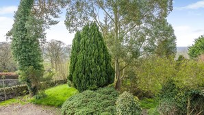 A garden with various trees and shrubs, a stone wall, and a view of the landscape. - 1 Bed in Haltwhistle (oc-nb556) (Haltwhistle)