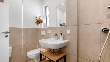 Shower, hair dryer, towels