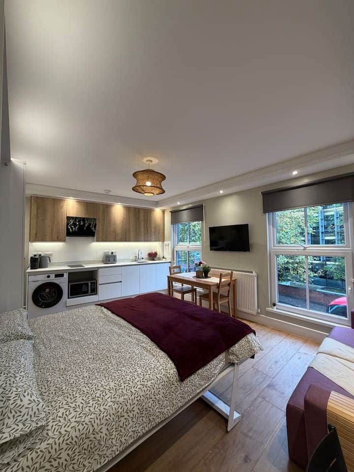 A modern bedroom with a large bed, a small kitchen area with a washing machine, and a dining area with a table and chairs.