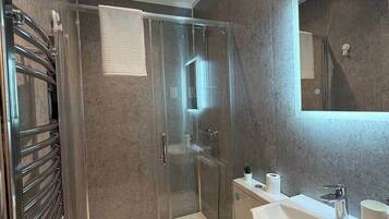 Shower, bidet, soap, toilet paper