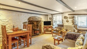 Une cheminée en pierre, des meubles en bois et un téléviseur dans un salon confortable.