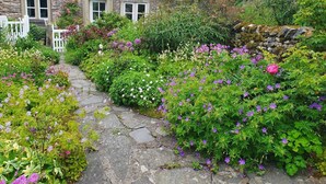 A stone house with a white picket fence, surrounded by a lush garden with various flowering plants. - 3 Bed in Horton-in-Ribblesdale (oc-ds933) (Horton in Ribblesdale)
