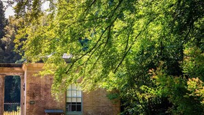 A brick building with a window and a door, surrounded by lush greenery. - 1 Bed in Wells-next-the-Sea (oc-1939) (Wells-next-the-Sea)
