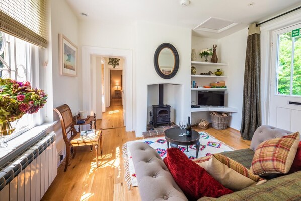Una sala de estar acogedora con chimenea, un sofá, una mesa de centro y un televisor.