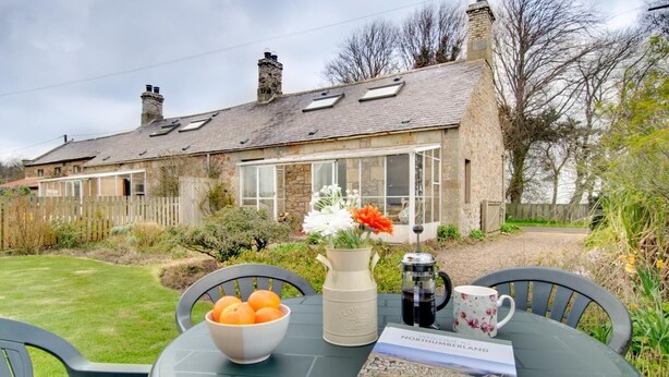 A table with a bowl of oranges, a vase with flowers, a coffee pot, and a welcome brochure for Northumberland. - 2 Bed in Berwick-upon-Tweed (oc-nb678) (Lowick)