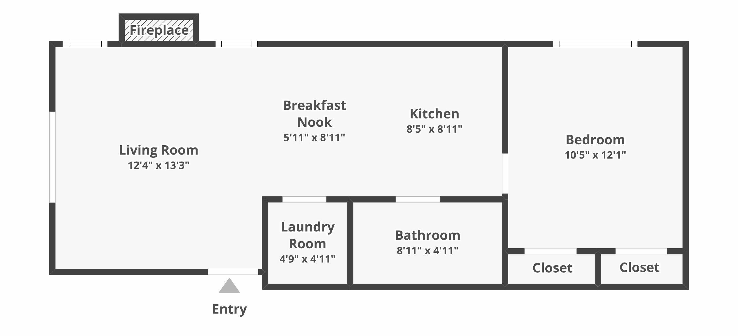 Un plan d’étage comprenant un salon, une cuisine, une chambre, une salle de bain, une buanderie et un hall d’entrée.