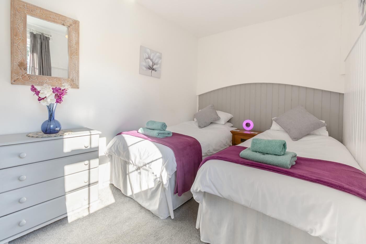 A bedroom with two beds, a dresser, a mirror, and a wall-mounted picture.