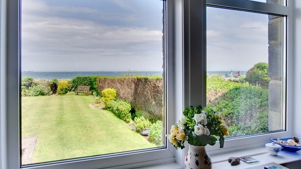 Vista a través de una ventana que muestra un patio con césped, un muro de piedra y un florero con flores en el alféizar.
