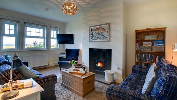 Una sala de estar acogedora con chimenea, un televisor de pantalla plana y una estantería.