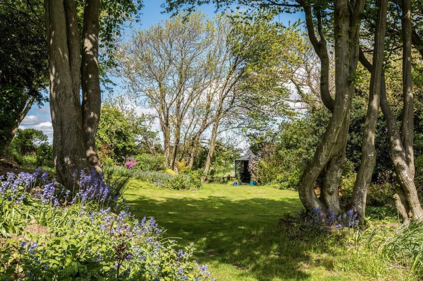 Un jardin avec des arbres, un sentier bordé de gazon et un kiosque.