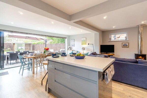 Eine moderne Küche mit einer zentralen Kochinsel, Essbereich mit Stühlen, einer Couch, einem Fernseher und einem Kamin.