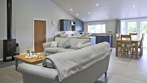 Una sala de estar moderna con sofá, una mesa de centro y chimenea. Se observa un comedor con mesa y sillas. La cocina es visible, con armarios y una ventana.