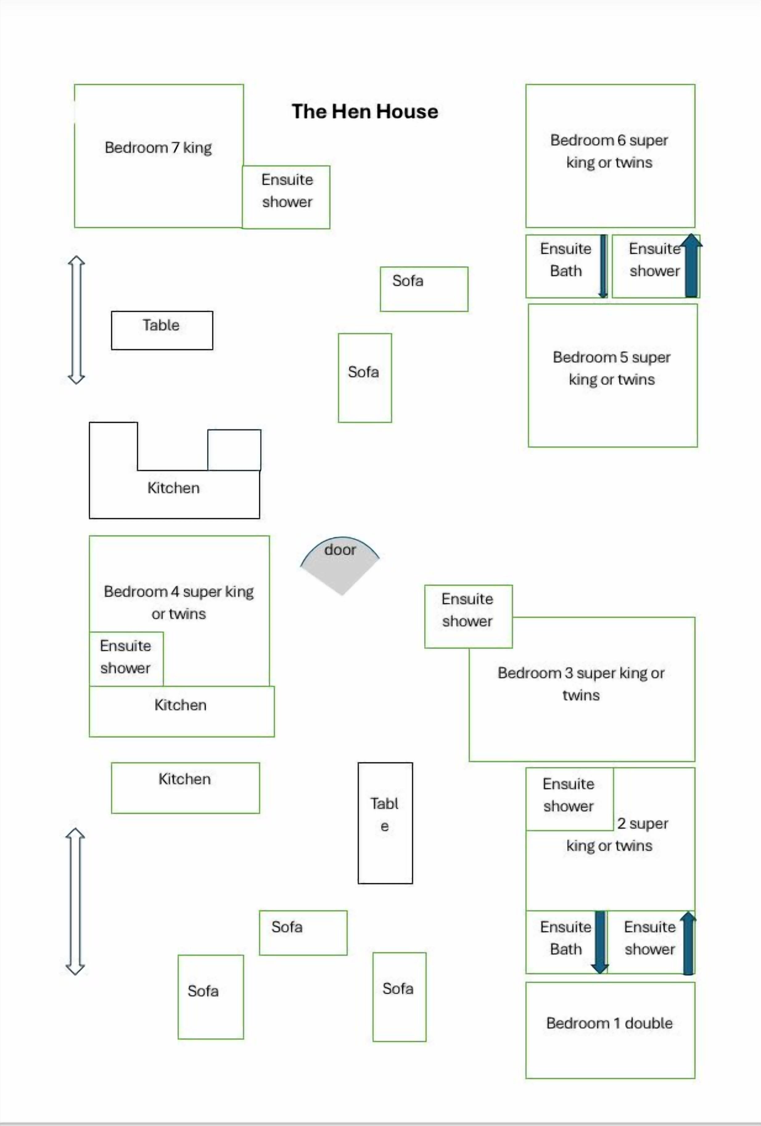 A floor plan of a hotel with multiple bedrooms, each labeled with specific room types and amenities like ensuite showers and sofas.