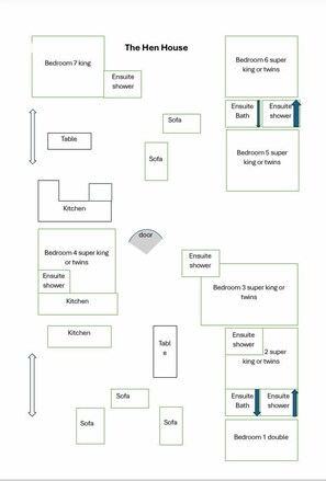 A floor plan of a hotel with multiple bedrooms, each labeled with specific room types and amenities like ensuite showers and sofas. - 7 Bed in Barsham (oc-then) (Barsham)