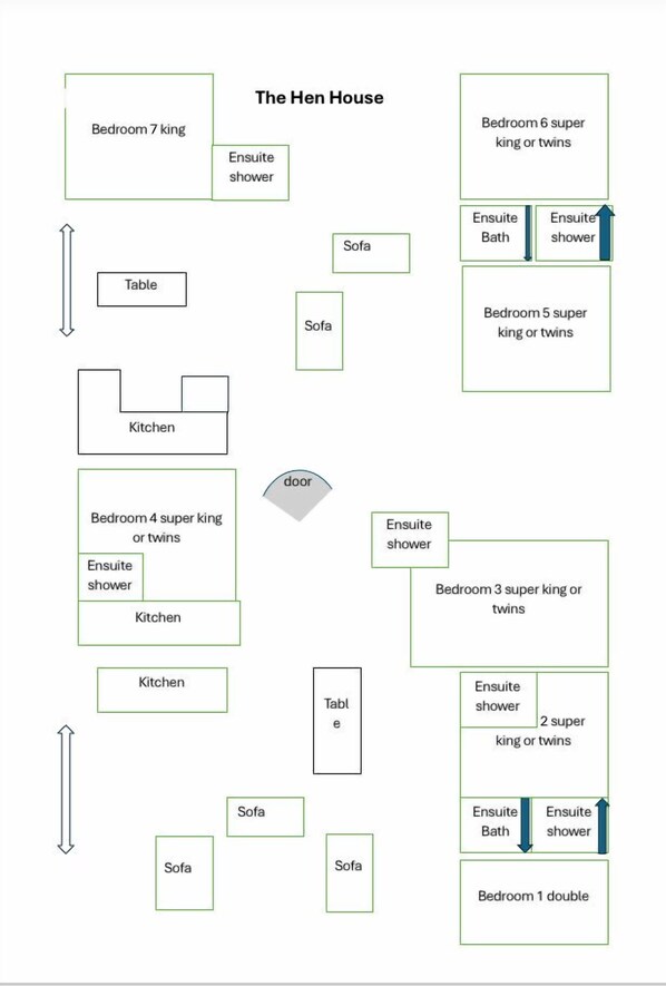 A floor plan of a hotel with multiple bedrooms, each labeled with specific room types and amenities like ensuite showers and sofas. - 7 Bed in Barsham (oc-then) (Barsham)