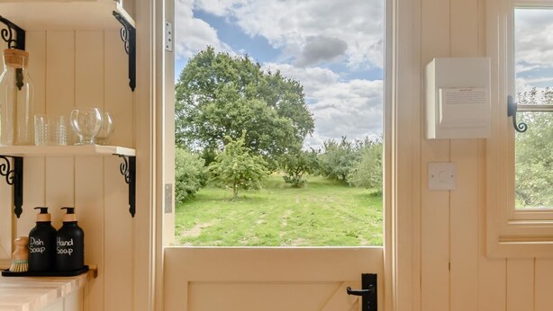 Ein Zimmer mit Blick auf ein von Bäumen gesäumtes Feld, eine Tür mit Griff und Flaschen mit der Aufschrift 'Spülmittel' und 'Handseife' auf einem Regal.