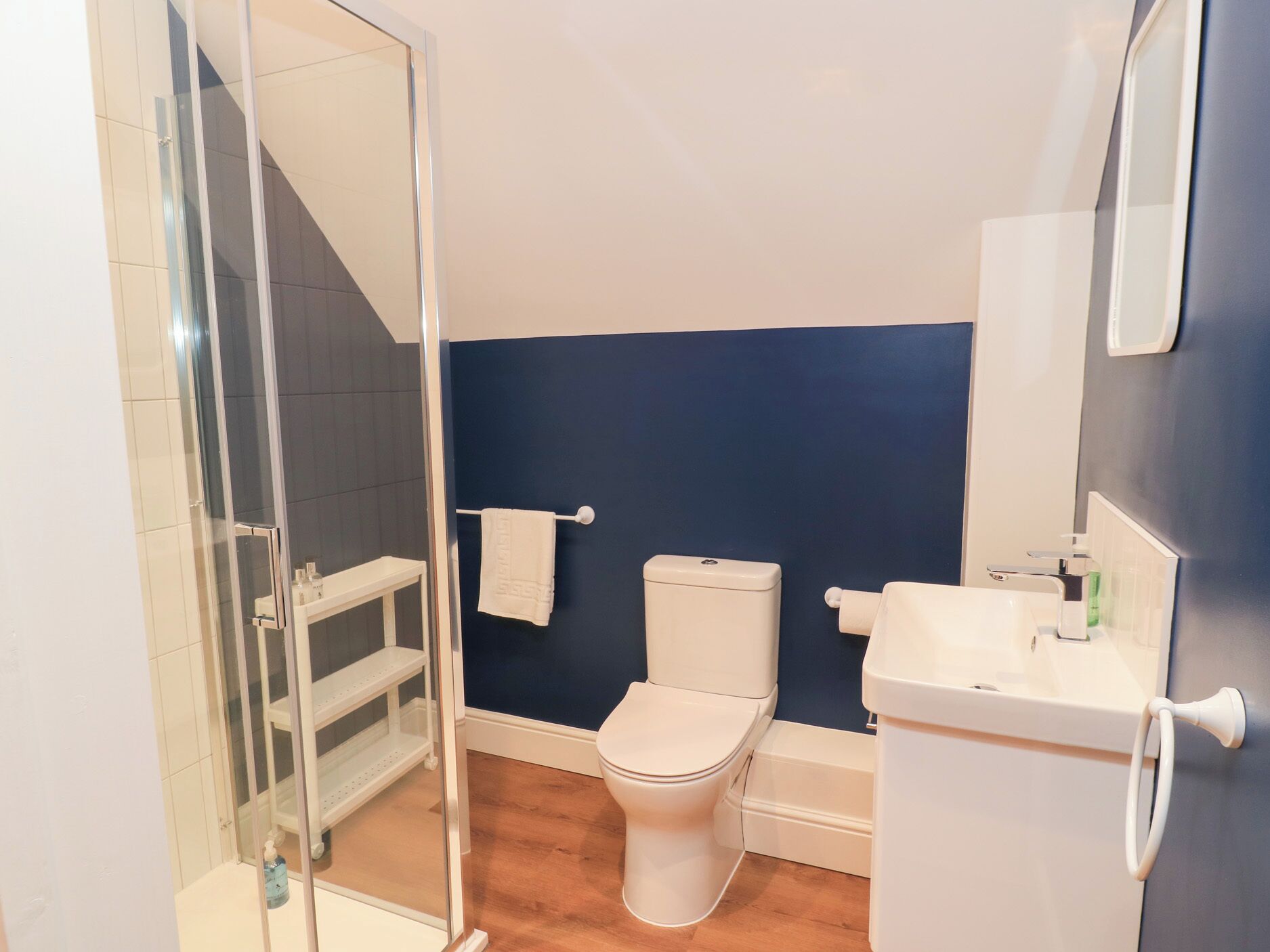 A modern bathroom with a glass shower enclosure, a white toilet, and a sink.