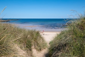 A beach path leading to the sea with a person and a dog walking. - 3 Bed in Newton-by-the-Sea (oc-gd1294) (Newton-by-the-Sea)