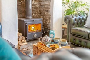 Ein gemütliches Wohnzimmer mit Kaminofen, einer Ledersofa und einem Couchtisch mit Snacks und Getränken.