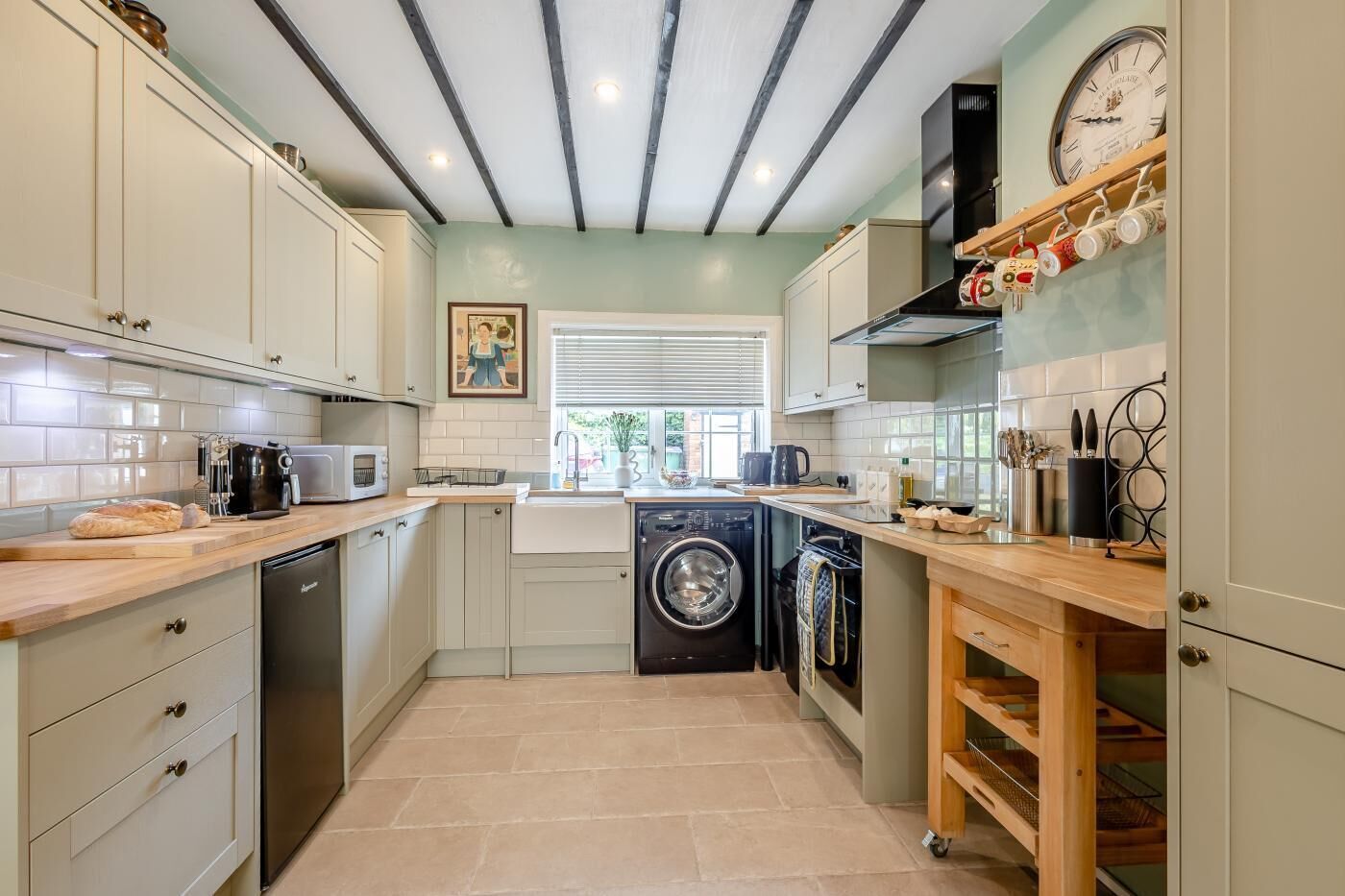 Oven, dishwasher, high chair, cookware/dishes/utensils