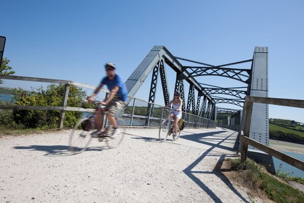 Un pont métallique avec un chemin de terre aménagé pour les vélos.
