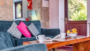 Ein gemütliches Zimmer mit einem dunkelblauen Sofa, gemusterten Kissen, einem Holztisch und einer Obstschale.