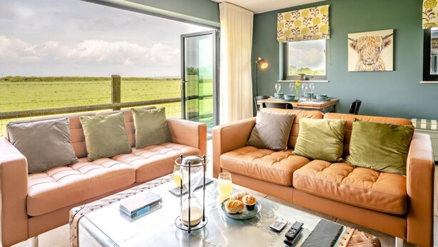 A modern living room with leather sofas, a glass coffee table, and a view of a green field.