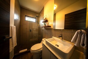 Sèche-cheveux, serviettes fournies, savon, papier toilette