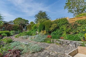 A garden with stone pathways, various plants, a wooden fence, and a house in the background.