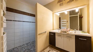 Shower, hair dryer, towels