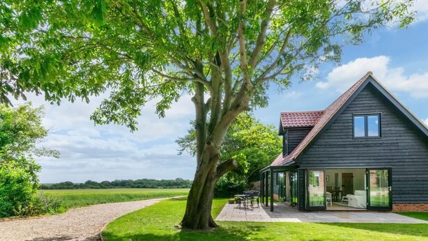 Una casa con un grande albero di fronte, un vialetto sterrato e un'area verde.