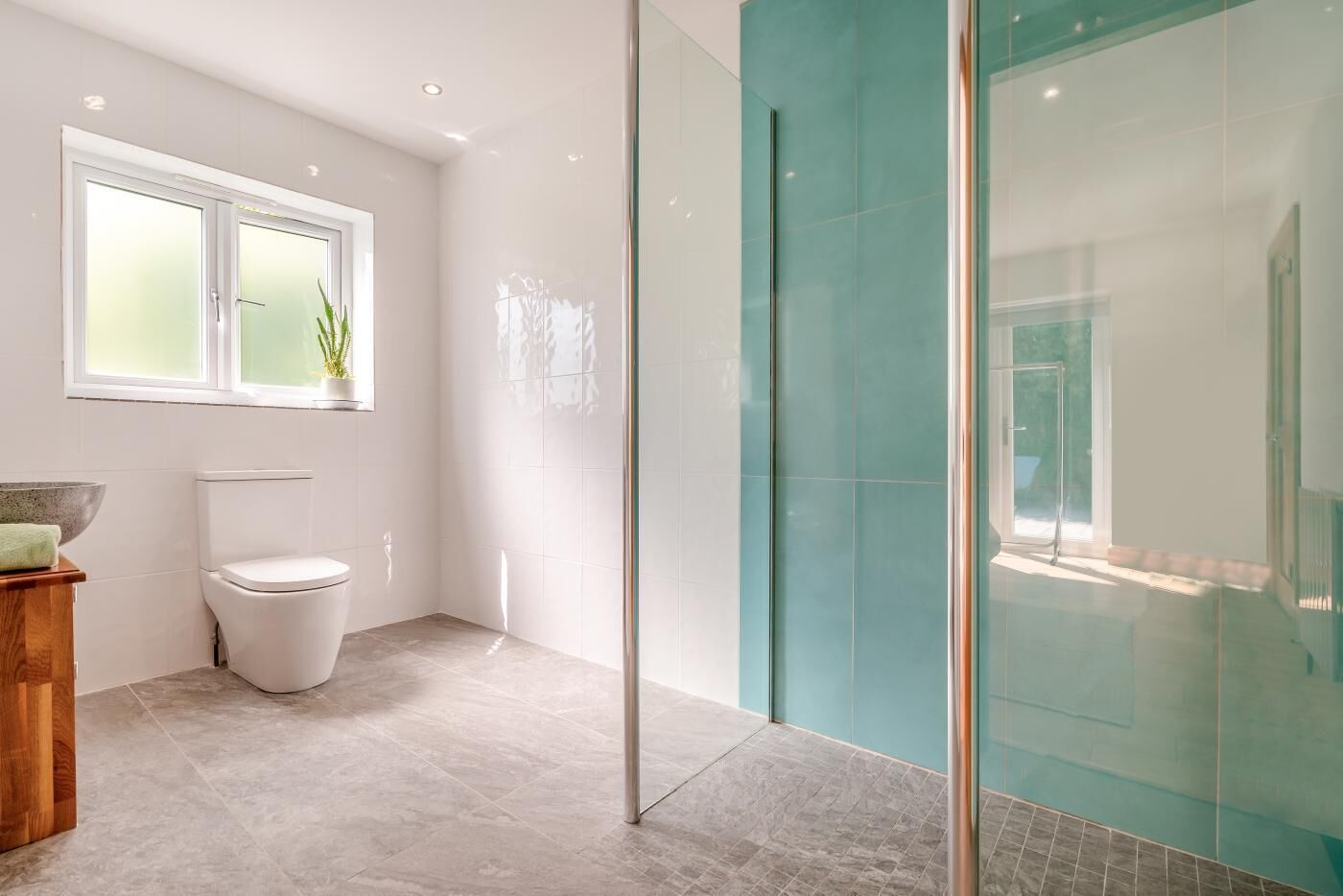 Une salle de bain moderne avec des toilettes, une douche à l’italienne avec des parois en verre et une fenêtre agrémentée d’une plante.