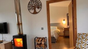 Un salon chaleureux avec un poêle à bois, une télévision et un lit en arrière-plan.