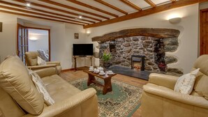 Un salon chaleureux avec une cheminée en pierre, des canapés en cuir, une table basse et un téléviseur.