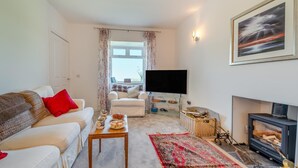 A living room with a sofa, a coffee table with food, a flat-screen TV, a fireplace, and a painting on the wall. - 3 Bed in Clachan (oc-h32242) (Clachan)