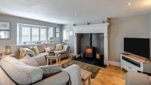 Un salon moderne avec une cheminée, un canapé, une télévision et des objets de décoration.