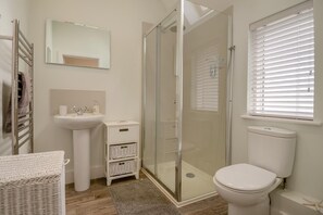A bathroom with a glass-enclosed shower, a toilet, a sink, and a mirror. - 4 Bed in Walberswick (oc-pemb) (Walberswick)
