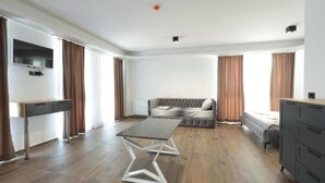 Una sala de estar moderna con un sofá, una mesa de centro, un televisor y un escritorio.
