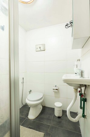 A small, clean bathroom with a toilet, sink, and shower. - Casa Yacumenza Ground Floor CoastFlat (Montevideo)