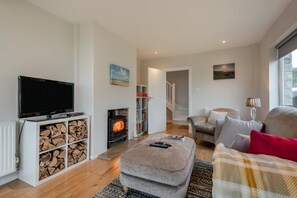 A modern living room with a fireplace, a television, a sofa, and a bookshelf. - 3 Bed in Worth Matravers (oc-h32107) (Worth Matravers)