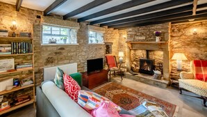 A cozy living room with stone walls, a fireplace, a television, and a bookshelf.