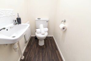 A small bathroom with a white sink, toilet, and a roll of toilet paper on the wall. - Coventry 3bedroom With Private Garden & Parking (Coventry)