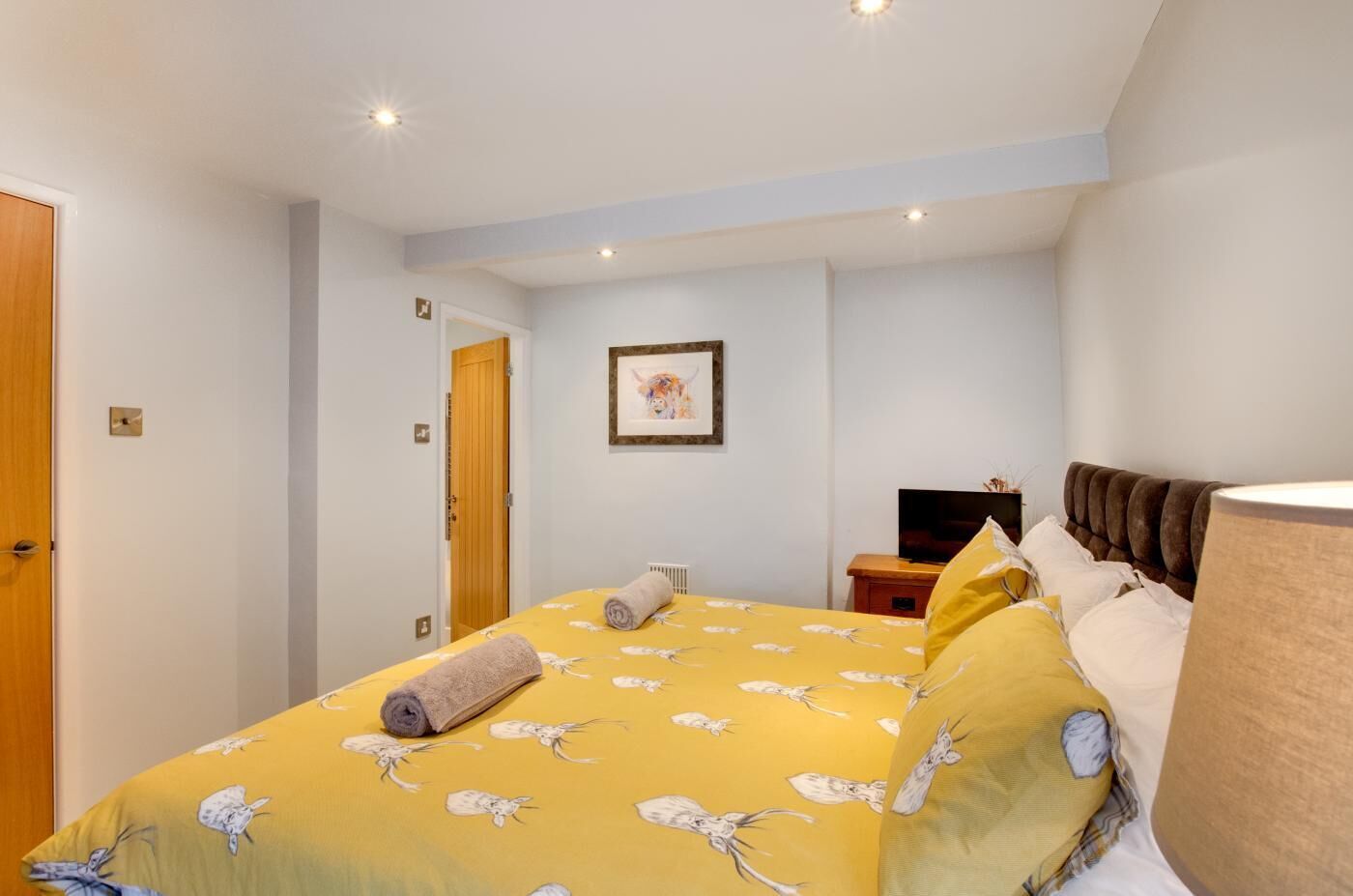 Une chambre à coucher avec un lit, une télévision, une lampe et une porte.