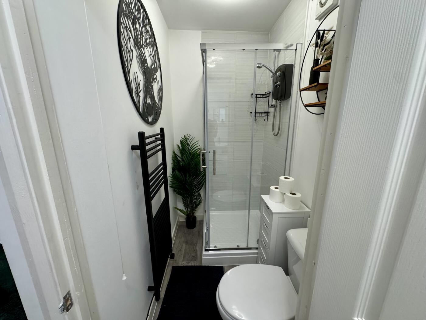Un baño pequeño con inodoro, cabina de ducha de vidrio, toallero y planta en maceta.