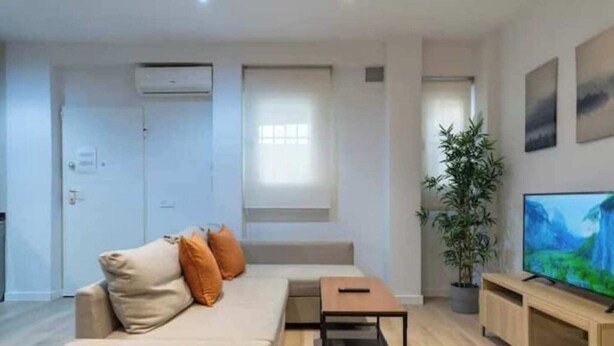 A modern living room with a sofa, a coffee table, a TV, and a potted plant. - AR IFEMA modern apartment near airport and trade fair Madrid (Madrid)