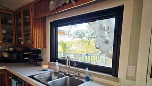 A kitchen with a double sink, a microwave, and wooden cabinets.