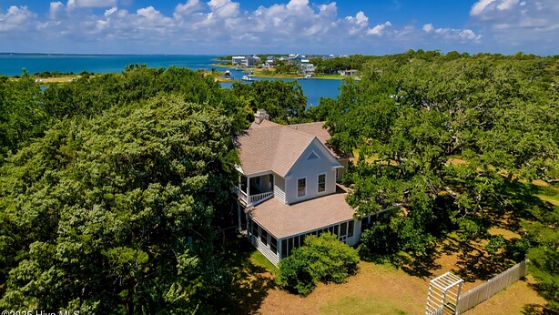 A house surrounded by dense greenery, with a view of a body of water and other buildings in the distance.