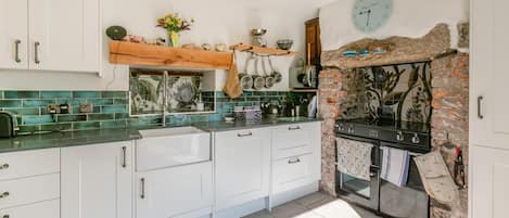 Microondas, horno, lavavajillas y utensilios de cocina