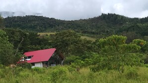 A house with a red roof surrounded by lush greenery and hills in the background.